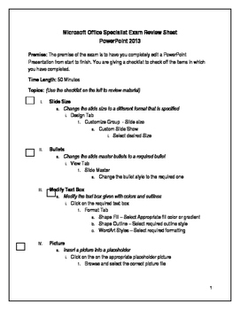 Preview of Microsoft Office Specialist Exam PowerPoint 2013 Review Sheet