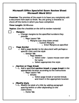 Preview of Microsoft Office Specialist Exam Review Sheet Word 2013