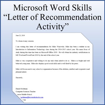 Preview of Letter of Recommendation Writing Activity for Teaching Microsoft Word Skills