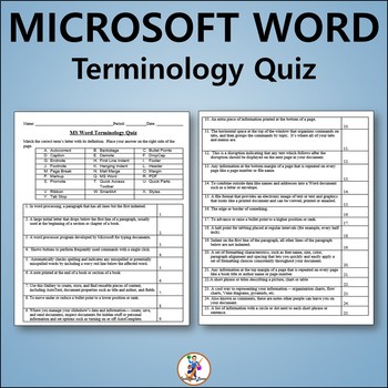 Preview of Vocabulary Quiz and Word List for Teaching Microsoft Word