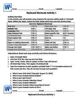 Preview of Microsoft Word Basic Keyboard Shortcuts Activity 1