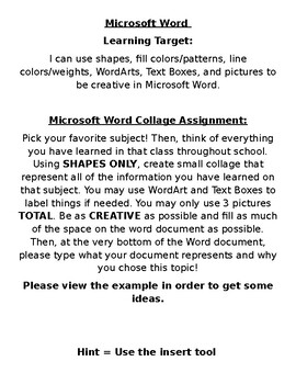 Preview of Microsoft Word Favorite Subject Collage Activity