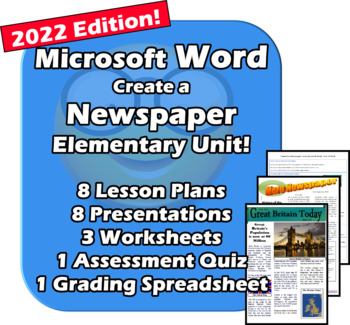 Preview of Microsoft Word Processing. Create a Newspaper FUN 8 Lessons ELEMENTARY Tech Unit