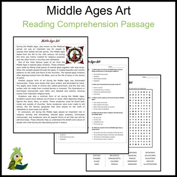 Preview of Middle Ages Art Reading Comprehension and Word Search
