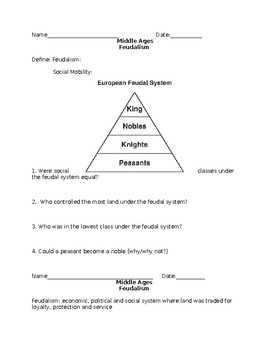Preview of Middle Ages Feudalism Worksheet with Answer Key