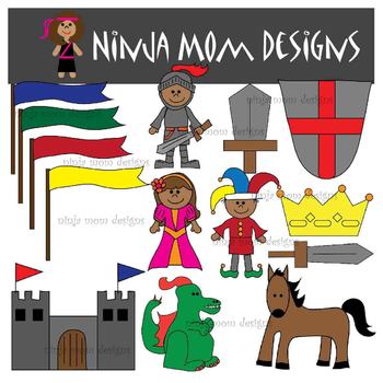 Preview of Middle Ages Kids Clip Art in Color and Black Line