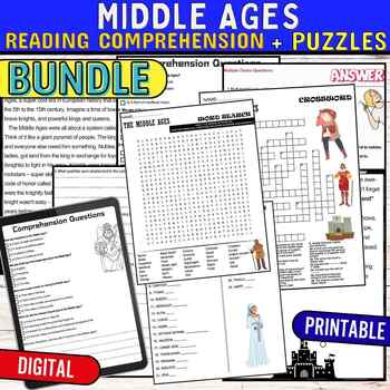 Preview of Middle Ages Reading Comprehension Passage ,PUZZLES ,Quiz,Digital BUNDLE