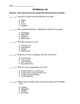Preview of Middle Ages Test - Includes Answer Key