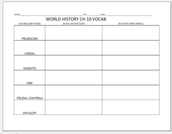 Preview of Middle Ages vocabulary worksheet