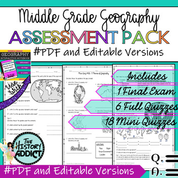 Preview of Middle Grade Geography Assessment Pack – Tests & Quizzes ★EDITABLE★