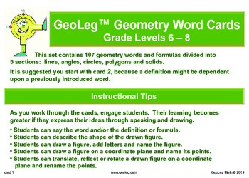 Preview of Middle Grades Math Common Core Geometry Vocabulary and Formula Cards