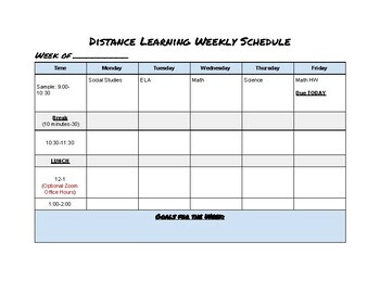 Preview of Middle/High School Distance Learning Weekly Schedule