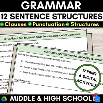 Preview of Middle High School Grammar Sentence Structure Activity Worksheet Packet Practice