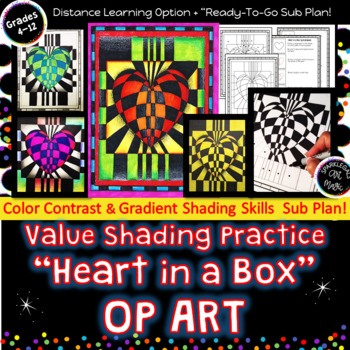 Preview of Op Art Valentines Day Art Project Middle School Drawing Lesson Sub Plan Activity