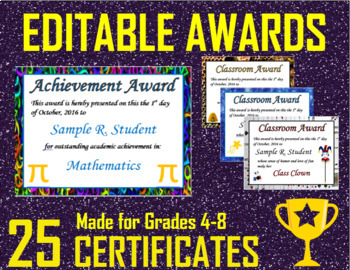 Preview of Middle School Award Certificates (Editable)