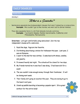 Middle School Bell Ringers - Semicolons by Teacher's Craft | TpT