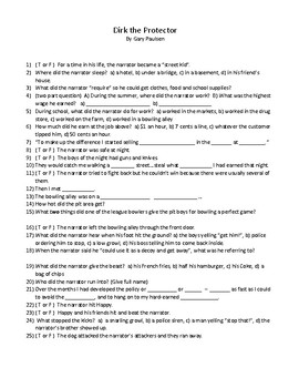 Preview of Middle School Dirk the Protector by Gary Paulsen Guided Reading Worksheet