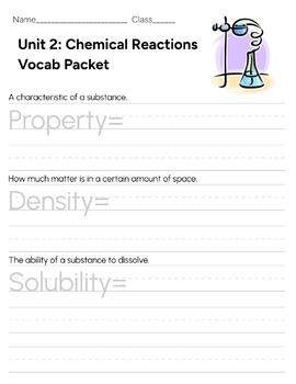 Preview of Middle School Chemical Reactions Vocabulary Packet to Scaffold Handwriting