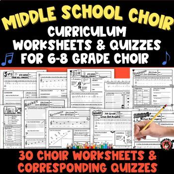 Preview of Middle School Choir Curriculum Monthly Worksheets & Quizzes for 6-8 Grade Chorus