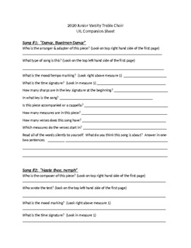 Preview of Middle School Choir Repertoire Study Worksheet