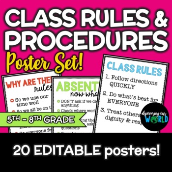 Preview of Middle School Classroom Management Rules & Procedures | Posters {EDITABLE}
