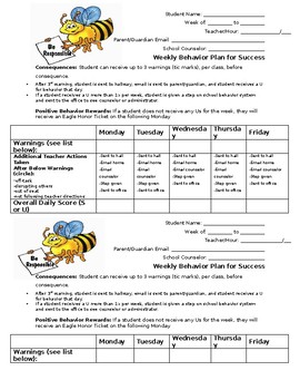Preview of Middle School Classroom Weekly Student Behavior Plan