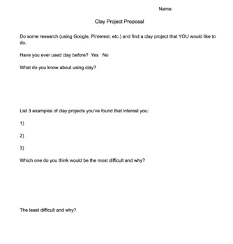 Preview of Middle School Clay Project Proposal Worksheet