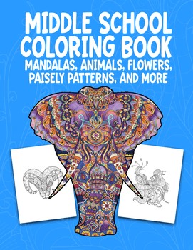 Preview of Middle School Coloring Book Printable Pages: Mandalas, Animals No Prep