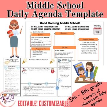 Preview of Middle School Daily Agenda Template (Grades 5-8)
