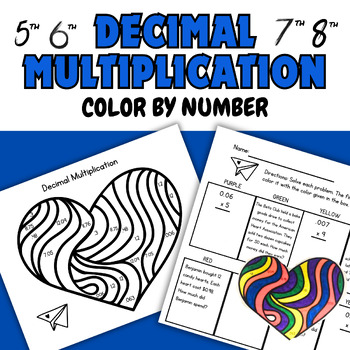 Preview of Middle School Decimal Multiplication Color by Number Valentines Day Math 