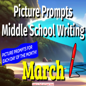 Preview of Middle School ELA Daily Writing Prompts Pictures Digital Activity March