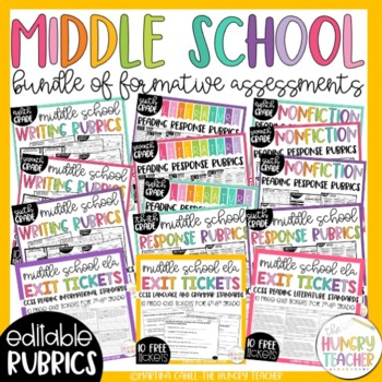 Preview of Middle School ELA Editable Rubrics and Reading and Language Exit Tickets Bundle