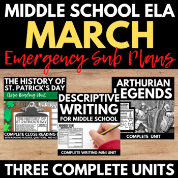 Preview of Middle School ELA Emergency Sub Plans - No Prep English Sub Plans - March