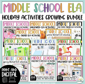Preview of Middle School ELA Holiday Seasonal Activities Valentines Day Halloween Spring