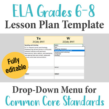Preview of Middle School ELA Lesson Plan Template - Drop Down Common Core Standards
