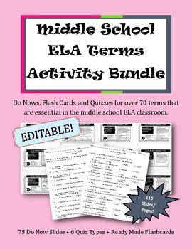 Preview of Middle School ELA Terms Activity Bundle || Do Nows, Flash Cards & Quizzes
