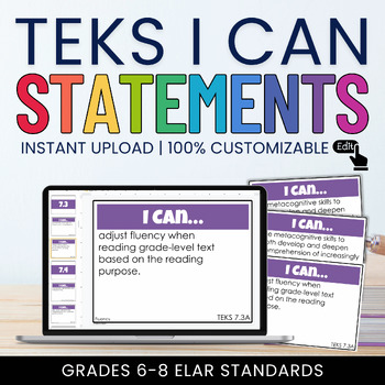 Preview of Middle School ELAR TEKS I Can Statements Bundle | Digital + Editable Slides