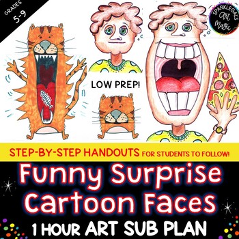 Preview of No Prep Art Sub Plan Cartoon Drawing Lesson-Folded Surprise Faces 1 Hour Project