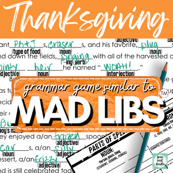 Preview of Middle School English ELA Fun Thanksgiving Activity: "Mad Libs!" Grammar Game