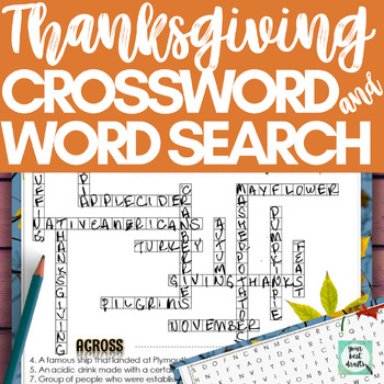 Preview of Middle School English Fun Thanksgiving Crossword Puzzle & Word Search Activities