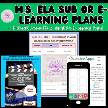 Preview of Middle School English Sub or E-Learning Plans | Great for Any Day! | 10 Plans