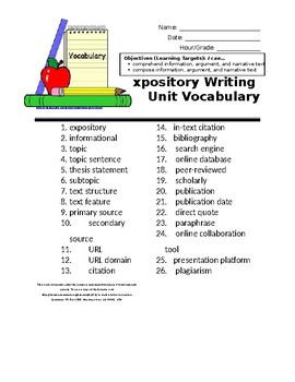 Preview of Expository Research Unit Vocabulary List