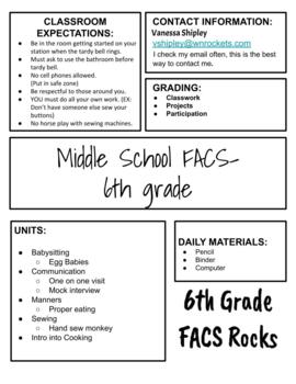 Preview of Middle School FACS Syllabus - 6th grade
