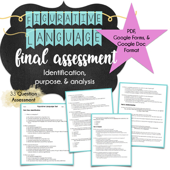 Preview of Middle School ELA Assessment: 33 Question Figurative Language Test - Editable