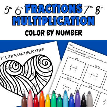 Preview of Middle School Fraction Multiplication Color by Number Valentines Day Activities