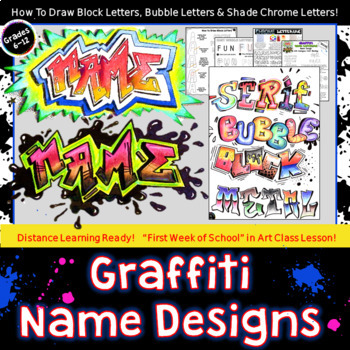 Preview of Middle School Graffiti Name Designs- Colored Pencil Drawing! Step-by-Step