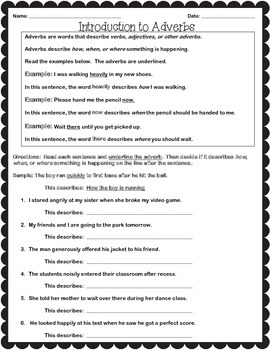 Preview of Middle School Grammar: Introduction to Adverbs Worksheet