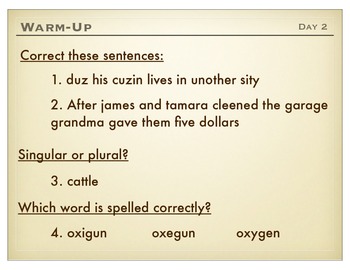 Preview of Middle School Grammar Warm-Ups (one semester, 92 days)