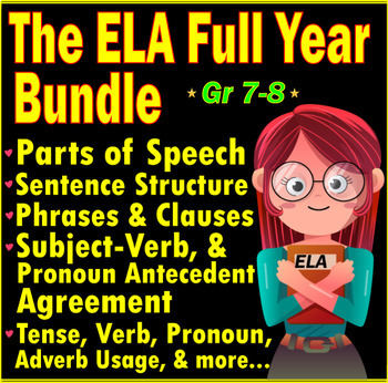 Preview of Middle School Grammar Worksheets. A FULL YEAR ELA Bundle. 7th & 8th Grade ELA