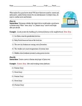 Preview of Middle School Journalism - News Story or Feature Story Worksheet